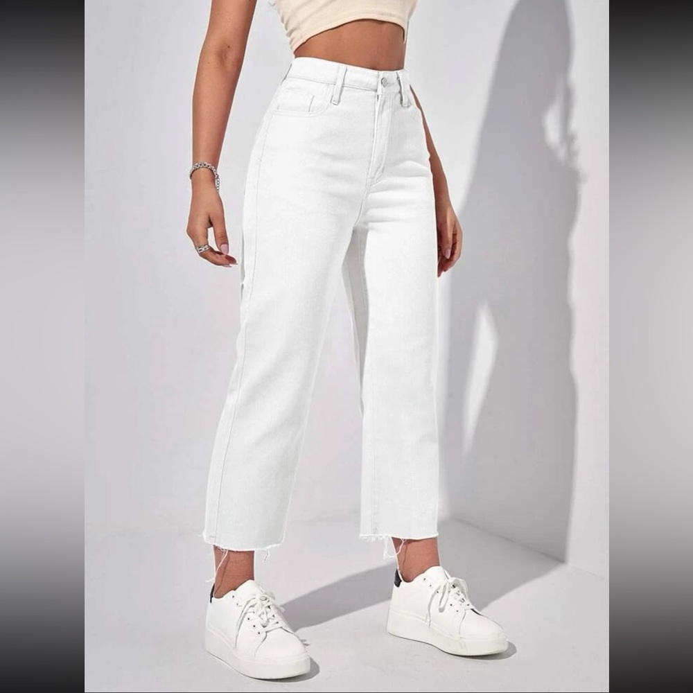 High Waist Raw Hem Straight Leg Cropped Jeans